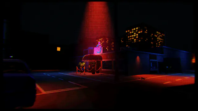 A street at night, seen past a parked car. Across the road, a red light falls on the club: a pink neon sign over a red awning, and red ropes at the door. Office windows glow in the tower behind.