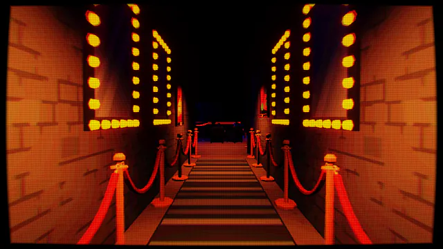 The club entrance, a narrow brick passage lined with marquee bulbs. Red ropes run down both sides of a striped carpet into the dark room beyond.