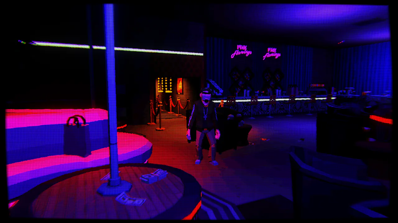 A club floor lit pink and blue. A guard stands between a stage pole and the booths, with the bar and two neon signs behind.