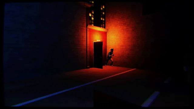 A dark alley at night. A guard steps out of an open back door into the only pool of light, a red lamp on a brick wall.