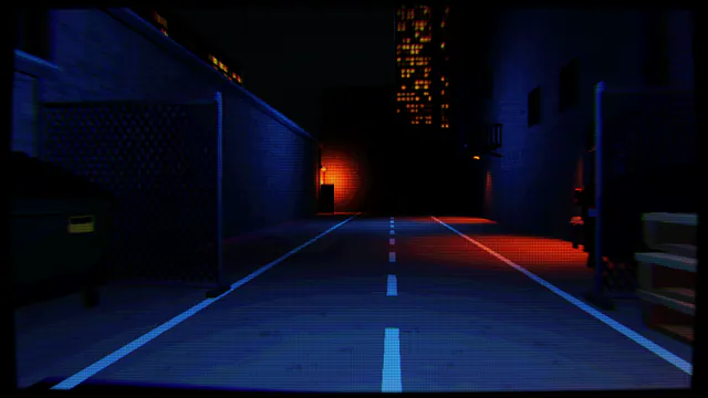 A long alley at night in blue light, with a fence and a dumpster on the left. An orange lamp glows over a door far down the left wall, and red light spills across the road on the right.