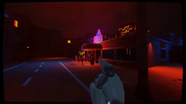 First-person view down a dark street at night, pistol in hand. Across the road, a neon flamingo sign and a red awning mark the club entrance, with red ropes out front.