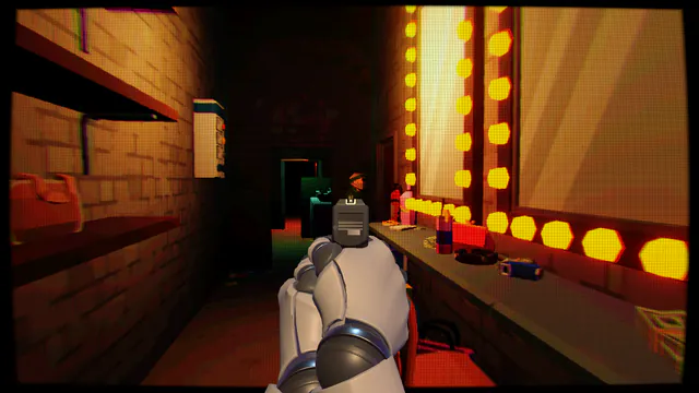 First-person view aiming a pistol down a narrow dressing room. Mirror bulbs line the right wall, and the target stands at the far end, just above the sights.
