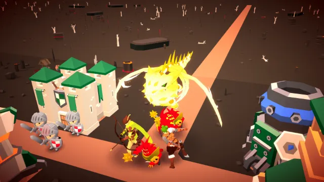 The volcanic level from above. A glowing bone dragon looms over the road near the castle, where knights with shields and two heroes fight small red monsters with spiked maces.