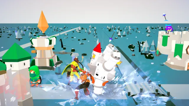 A snowy level under a white sky. Ice bursts from the road around a giant monster built like a castle tower, red roof and all, as an archer and a warrior attack it. A hooded rogue waits beside a tower on the left.