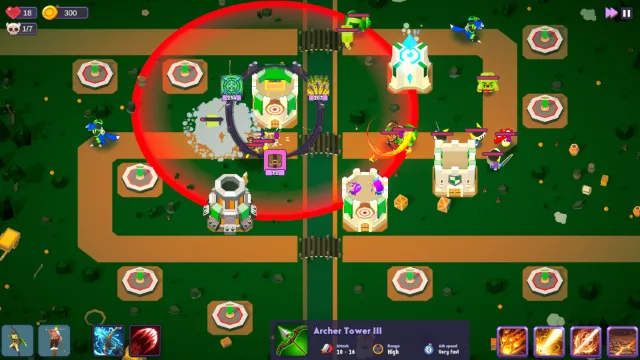 Top-down view of a forest level, with towers on pads between dirt roads. The selected Archer Tower III shows its range as a red ring, and its upgrade wheel offers two upgrades, priced 234 and 207. A panel at the bottom gives its attack, range and attack speed.