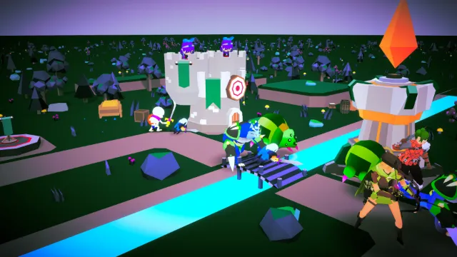 A forest level at dusk under a purple sky. A werewolf and a green beetle cross a wooden bridge over a glowing blue river, toward an elf archer and a warrior in the foreground. Two archers keep watch from a tower behind the bridge.