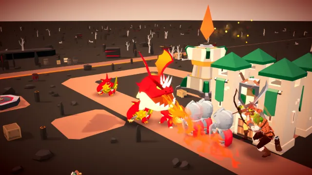 A volcanic level of grey ash and dead white trees. A red dragon breathes fire over a line of armored knights holding the castle gate, while an archer draws a bow beside them.