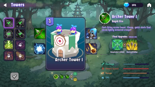 The Towers screen. A card shows Archer Tower I, a fast-firing arrow tower with cheap, quick shots that shred lightly armored creeps. Its upgrade path runs through three levels, then you choose one of two final upgrades: Sharpshooter's Redoubt or Thornveil Volley. Eight towers line the left side, three still locked.