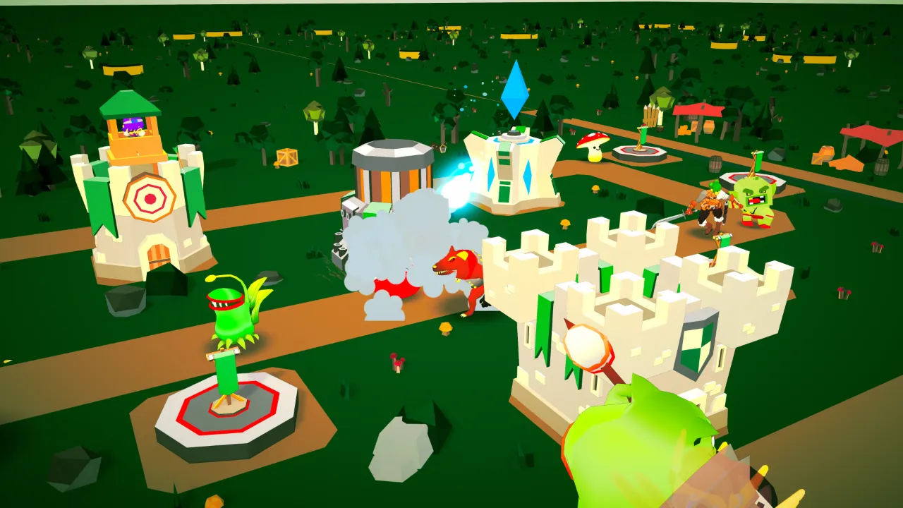 Towers stand beside dirt roads across a green meadow. A crystal tower fires a blue bolt at a red raptor running through smoke, while a warrior fights a goblin outside the castle walls.