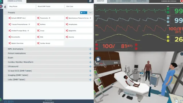 SimX's instructor screen. On the left, a list of case presets such as Pneumonia, Asthma, Croup and Cardiac Arrest. On the right, a vitals monitor with live waveforms above the virtual room, where a child lies in a hospital bed with a clinician in blue scrubs and a man in a striped shirt beside it.