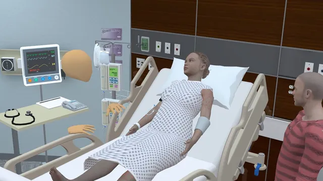 A virtual hospital room. A patient in a gown lies in bed with a bandaged wrist, beside a vitals monitor, an infusion pump and a side table with a stethoscope. A man in a striped shirt stands at the bedside, and an avatar's floating head and hands hover near the monitor.