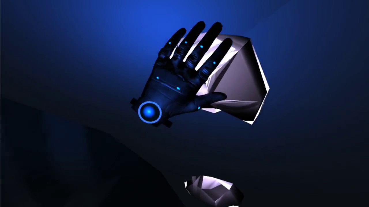 A gloved hand with glowing blue lights reaches for a large crystal in a dark blue cave.