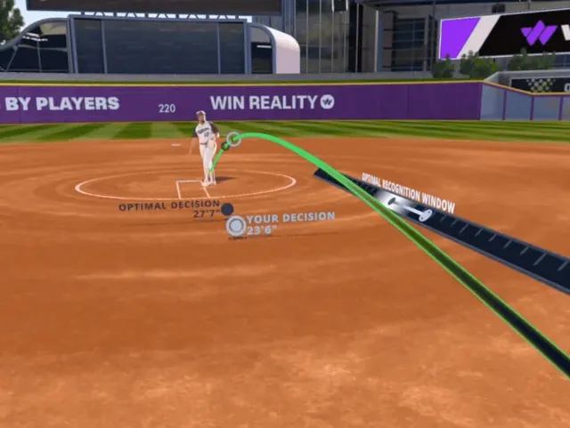 On a softball field, a pitch is drawn as a green curve from the pitcher toward the batter, beside a bar marking the optimal recognition window. Markers show the optimal decision at 27 feet 7 inches and the batter's decision at 23 feet 6 inches.