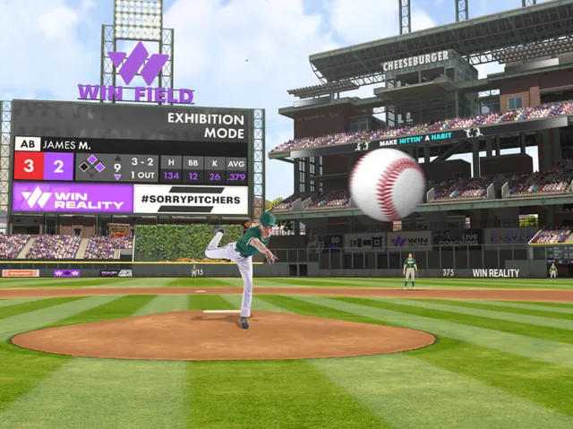A baseball almost on the batter as the pitcher follows through, under a scoreboard that reads Exhibition Mode with a 3–2 count and one out.