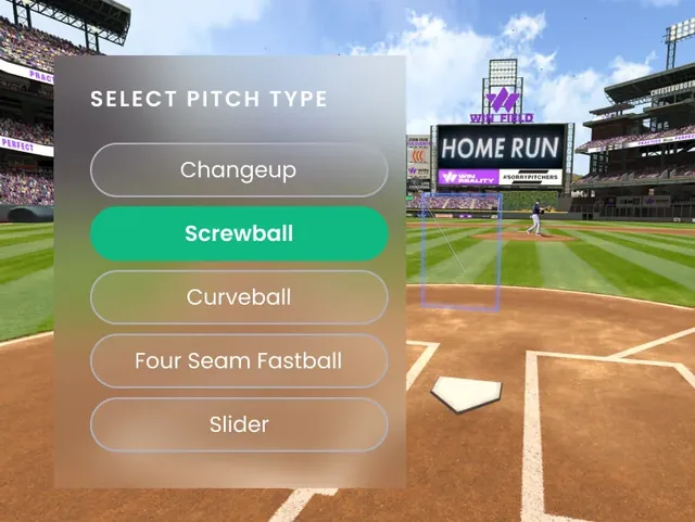A pitch-type menu hangs in the air beside home plate in a ballpark, listing Changeup, Screwball, Curveball, Four Seam Fastball and Slider, with Screwball selected.