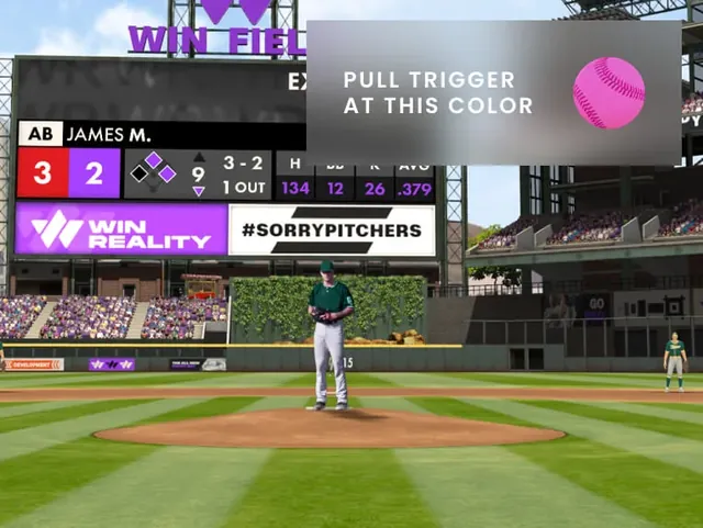 The batter's view of the pitcher in a full stadium, with the count on the scoreboard and a panel that reads Pull trigger at this color beside a pink ball.